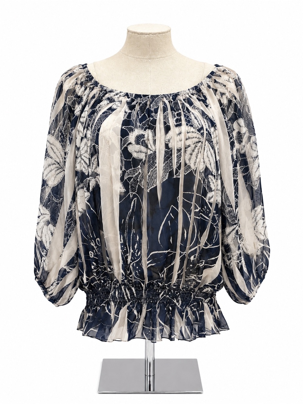Charlotte Russe Navy Blue Floral Sheer Peasant Blouse Size Large Y2K Style